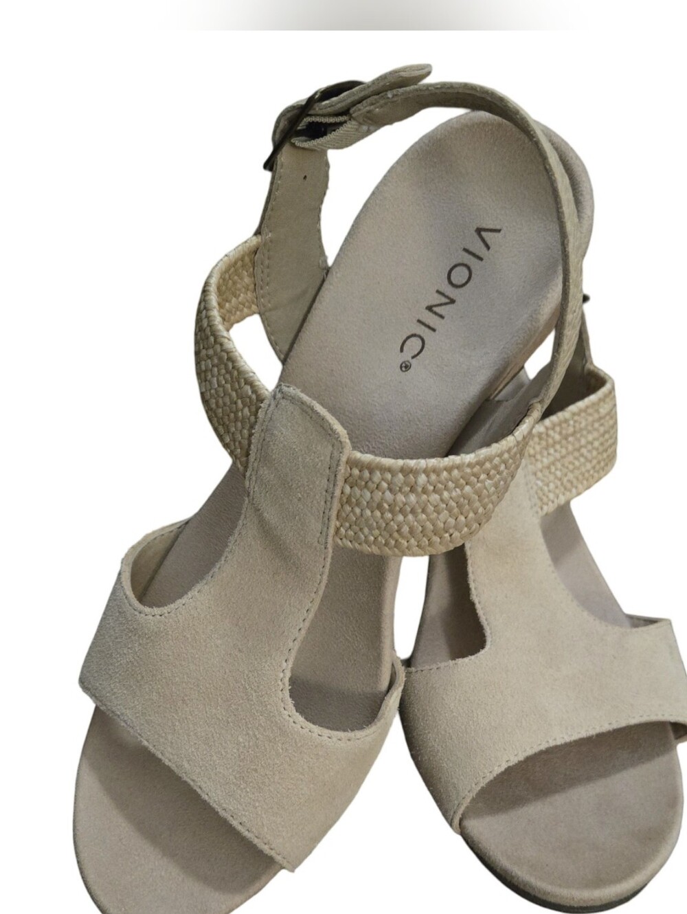 Vionic Kaytie Beige Suede Wedge Sandals with Woven Ankle Strap Raffia Styke 9.5